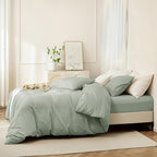JIYUAN 100% Washed Cotton Duvet Cover Set 3 Pieces Super King, 1 Duvet Cover 108x98 Inches(Comforter Not Included) and 2 Pillowcases,Linen Feel Bedding Set Comfy and Breathable, Heathered Sage Green