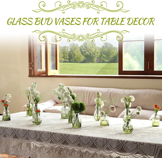 Green Bud Vases Set of 12, Green Glass Vase for Decor, Small Vases for Flowers Ribbed Flower Vase Stripe Bud Vases in Bulk Wedding Birthday Bridal Shower Centerpieces Home Table Decoration