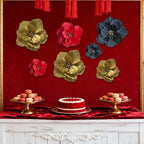 BRT Bearingshui Crepe Paper Flowers Decoration for Wall Total 9 Pcs, Artificial Flowers Backdrop for Wedding Decor Baby Bridal Shower Birthday Party, Red Gold Black 3D Wall Flowers Decor