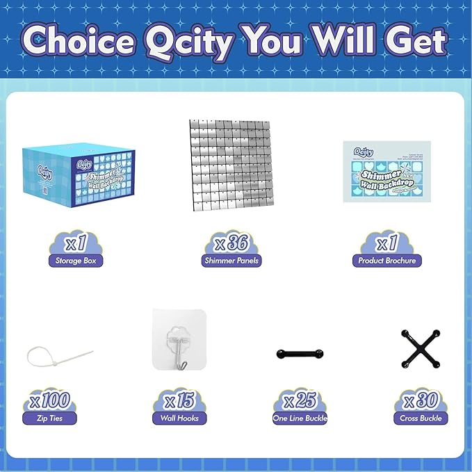 Qcity Silver Shimmer Wall Backdrop 36PCS, Black Back Not See-Through Design, Square Sequin Glitter Backdrop Panel, Perfect for Outdoor Events, Birthdays, Wedding and Party Decoration