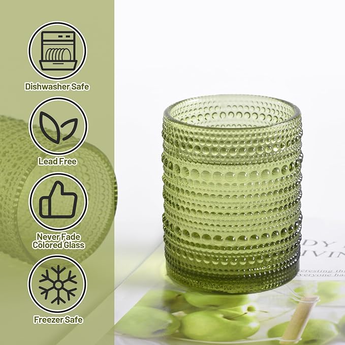 Hobnail Drinking Glasses Set of 6, Vintage Colored Glassware 11oz, Beverage Glass Cups for Water, Juice, Cocktail (Green)