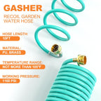 GASHER 10FT PU Recoil Garden Water Hose with 3/4"Inch Brass Fittings Retractable, Swivel Female for Boating, Pool & Spa, RV, Home and Garden（Blue)