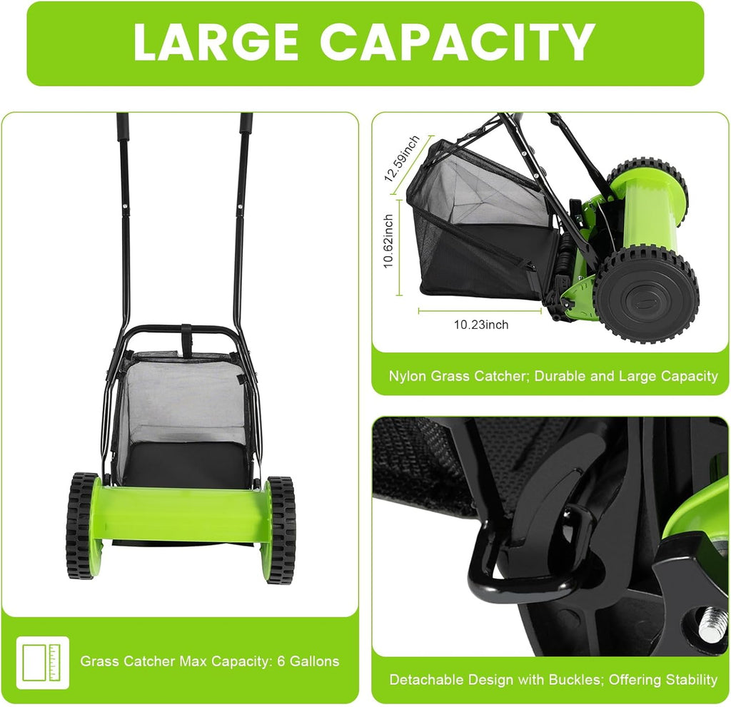 12 Inch 5-Blade Push Reel Lawn Mower, Cordless Manual Lawn Mower with Grass Catcher, Adjustable Cutting Height, Walk-Behind Lawn Mowers for Yard, Garden