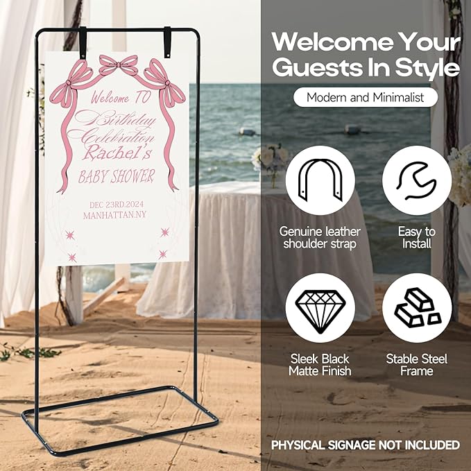 Wedding Sign Stand - Adjustable Wedding Sign W/Design Bundle & Leather Sign Hanging Straps, Durable Metal Easel Stand for Wedding Welcome Signs, Seating Charts, Ceremony & Reception Decor (Black)