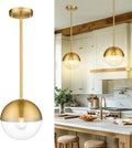 LMS Mid Century Pendant Light Fixtures, Brushed Gold Farmhouse Pendant Light with Clear Globe Glass Shade, Adjustable Hanging Rod Ceiling Light for Dining Room Bathroom Kitchen Island, LMS-186BGC