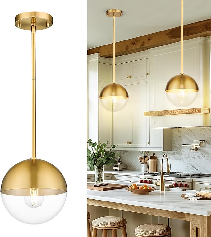 LMS Mid Century Pendant Light Fixtures, Brushed Gold Farmhouse Pendant Light with Clear Globe Glass Shade, Adjustable Hanging Rod Ceiling Light for Dining Room Bathroom Kitchen Island, LMS-186BGC