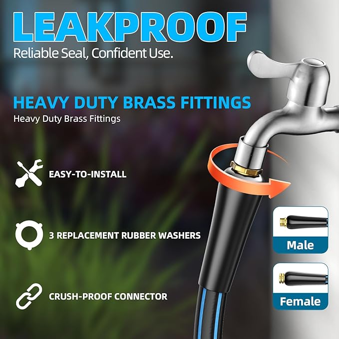Heavy Duty Garden Hose 50FT: Water Hose With 10-Pattern Spray Nozzle - Durable Hose with Brass Connect Fittings 5/8" - High Pressure Hose for Outside Gardening Car Washing Watering