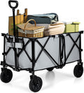 Goplus Collapsible Wagon, Folding Utility Wagon Cart w/Universal Wheels & Adjustable Handle & Cover Bag, Grocery Wagon for Garden Shopping Camping (Grey)