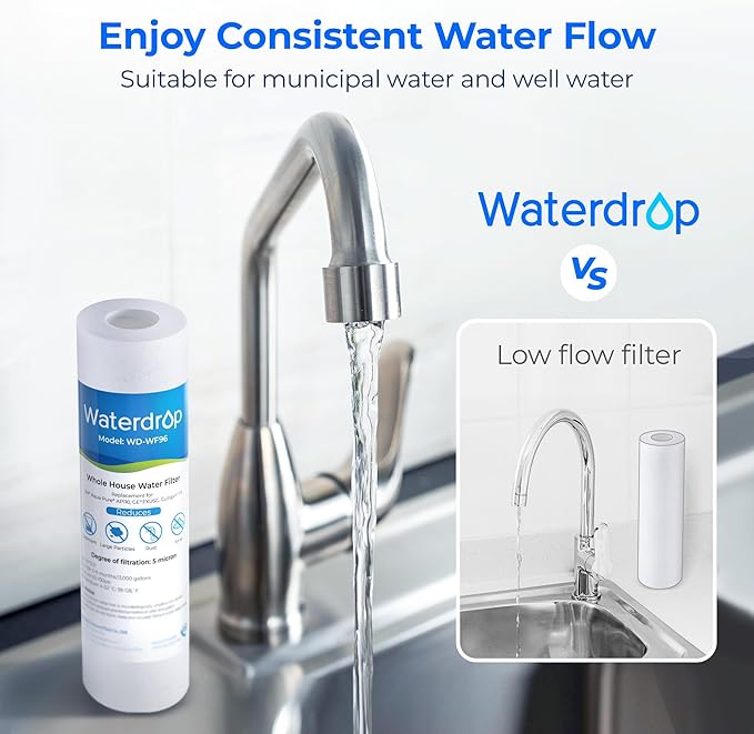 Waterdrop 5 Micron 10" x 2.5" Whole House Water Filter Replacement Cartridge, Sediment Water Filter Replacement for Any 10 inch RO Unit, Aqua-Pure® AP110, Culligan® P5, WHKF-GD05, 6 Pack
