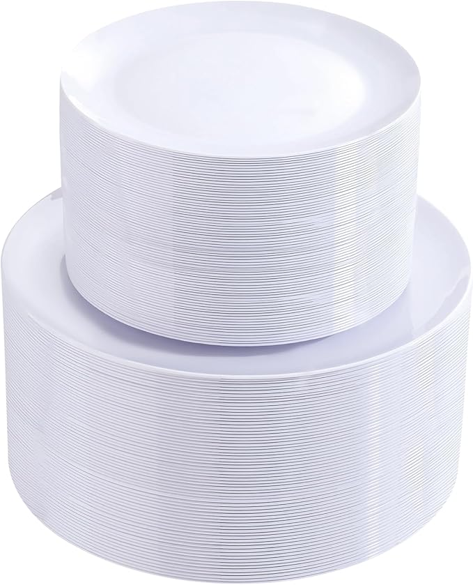 bUCLA 100PCS White Plastic Plates - Heavy Duty White Disposable for Wedding & Party, Include 50 Dinner 10 inch & 50 Dessert 7 inch
