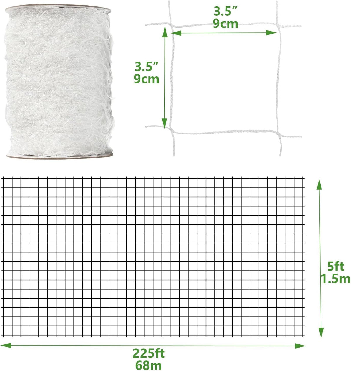 Nylon Trellis Netting Roll 5 x 225 ft, 3.5 Inch Soft Mesh, Heavy Duty Reinforced Garden Plant Support Mesh for Vertical Growing, Climbing Plants