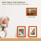 KINLINK 5x7 Picture Frame Orange, Solid Wood Frames with Acrylic Plexiglass for 3.5x5/4x6 with Mat or 5x7 without Mat, Tabletop and Wall Display Photo Frame, Set of 4