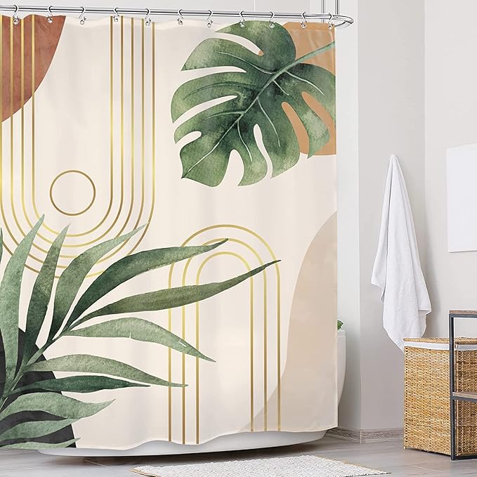 Glawry Abstract Extra Long Shower Curtain 72Wx84L Inches Tropical Leaf Mid Century Modern Geometric Contemporary Boho Bathroom Plant Botanical Bath Accessories Art Home Decor Fabric 12 Pack Hooks