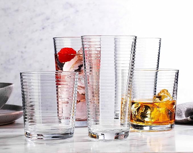 Drinking Glasses - Set of 8 Glass Cups, 4 Highball Glasses (17oz) 4 Rocks Glasses (13oz) Ribbed Glasses for Mixed Drinks, Water, Juice, beer, Wine, Excellent Gift!