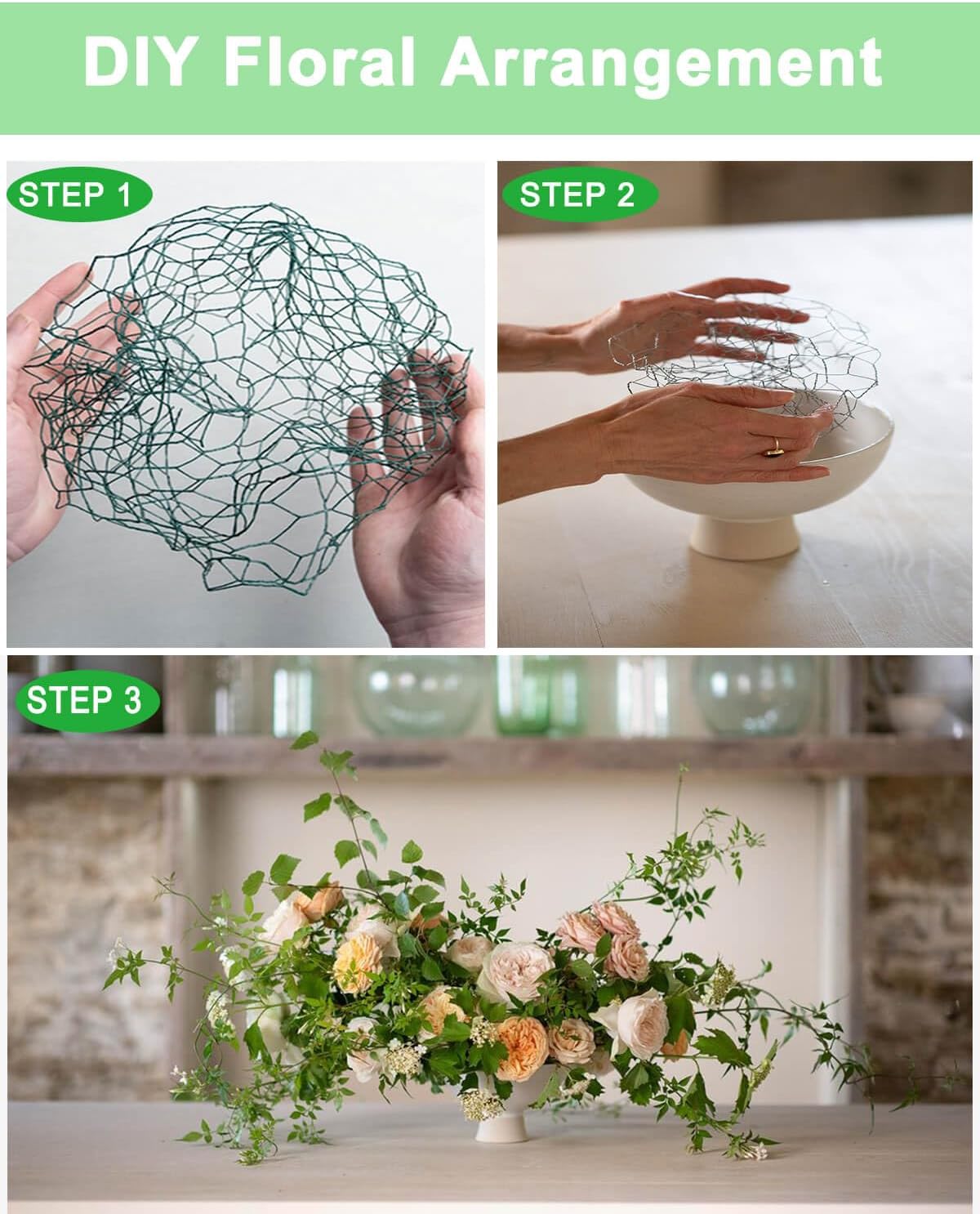 vensovo Green Chicken Wire for Crafts – 13.7"×236" PVC Coated Hexagonal Mesh Roll, cuttable and Shapeable Floral Wire Netting for Wedding Decorations, Garden Fencing