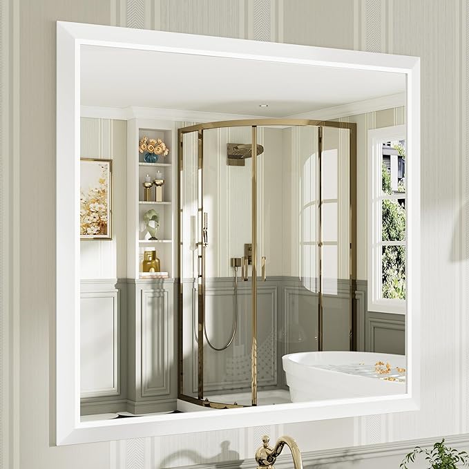 40x38 Inch White Bathroom Mirror for Wall, Thick Metal Framed Rectangle Mirrors for Over Sink, Bedroom, Living Room, Entryway, Anti-Rust, HD Tempered Glass