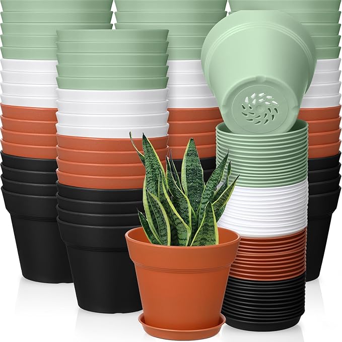 Mumufy 54 Pack 4 Inch Plant Pots Bulk Small Planter with Drainage Hole and Saucer Small Plastic Pots for Flowers Succulent Cactus and All House Indoor(Classic)