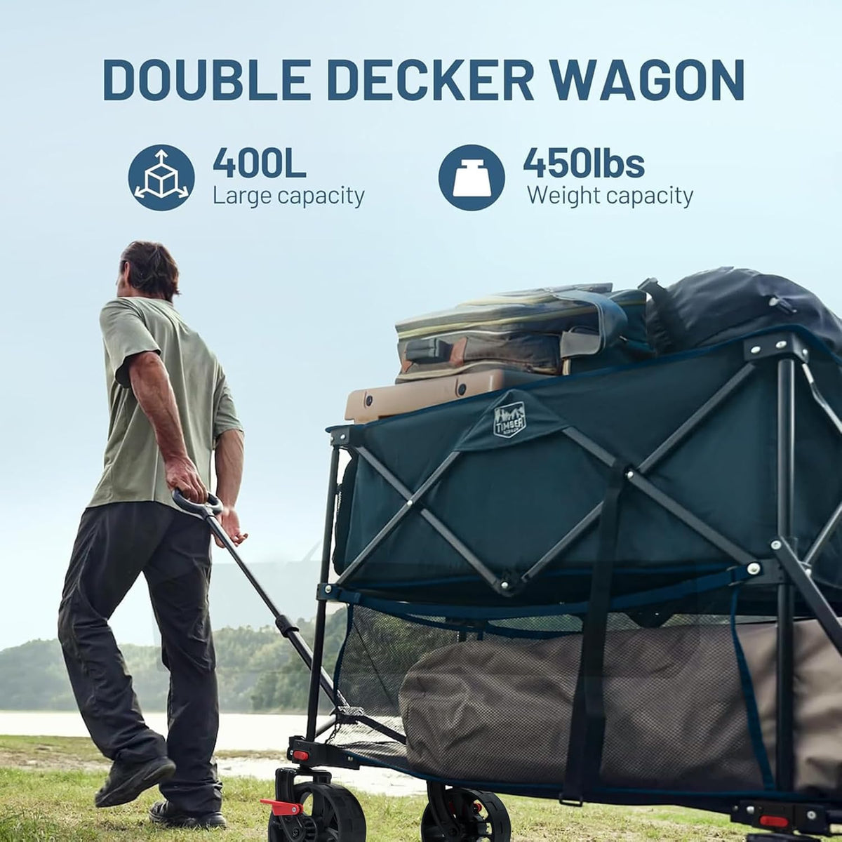 TIMBER RIDGE 400L Large Capacity Folding Double Decker Wagon with Brakes, 54" Extra Long Extender Wagon Cart, 450lbs Heavy Duty Collapsible Cart, All-Terrain Big Wheels for Camping, Sports, Shopping