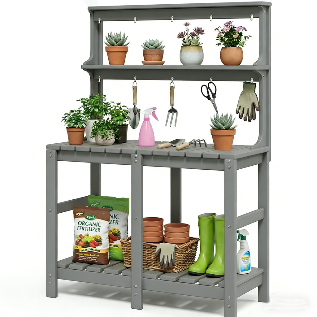 Polyhouz Outdoor Potting Bench with 3 Tier, All-Weather Patio Potting Table with Tool Hooks, HDPE Gardening Table for Backyard, Garden, Grey