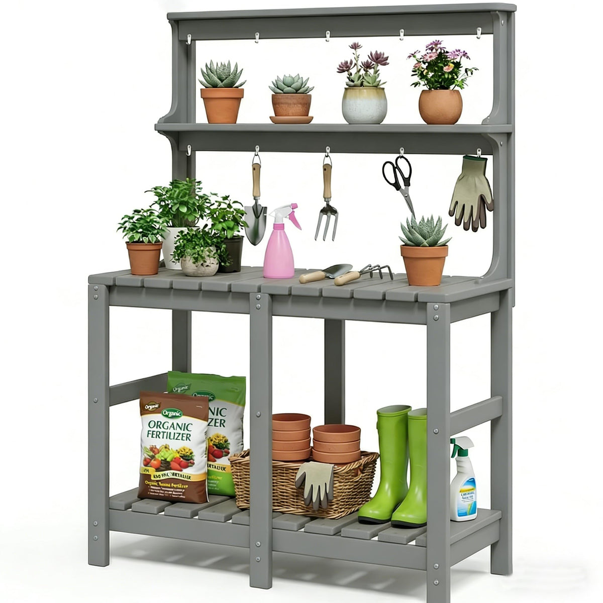 Polyhouz Outdoor Potting Bench with 3 Tier, All-Weather Patio Potting Table with Tool Hooks, HDPE Gardening Table for Backyard, Garden, Grey