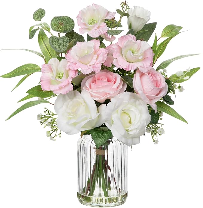 Hollyone Fake Flowers in Vase with Faux Water Artificial Silk Rose Flowers Arrangement with Eucalyptus Plants with Vase Faux Silk Rose Flowers Bouquets Table Centerpieces Office Bathroom Home Decor