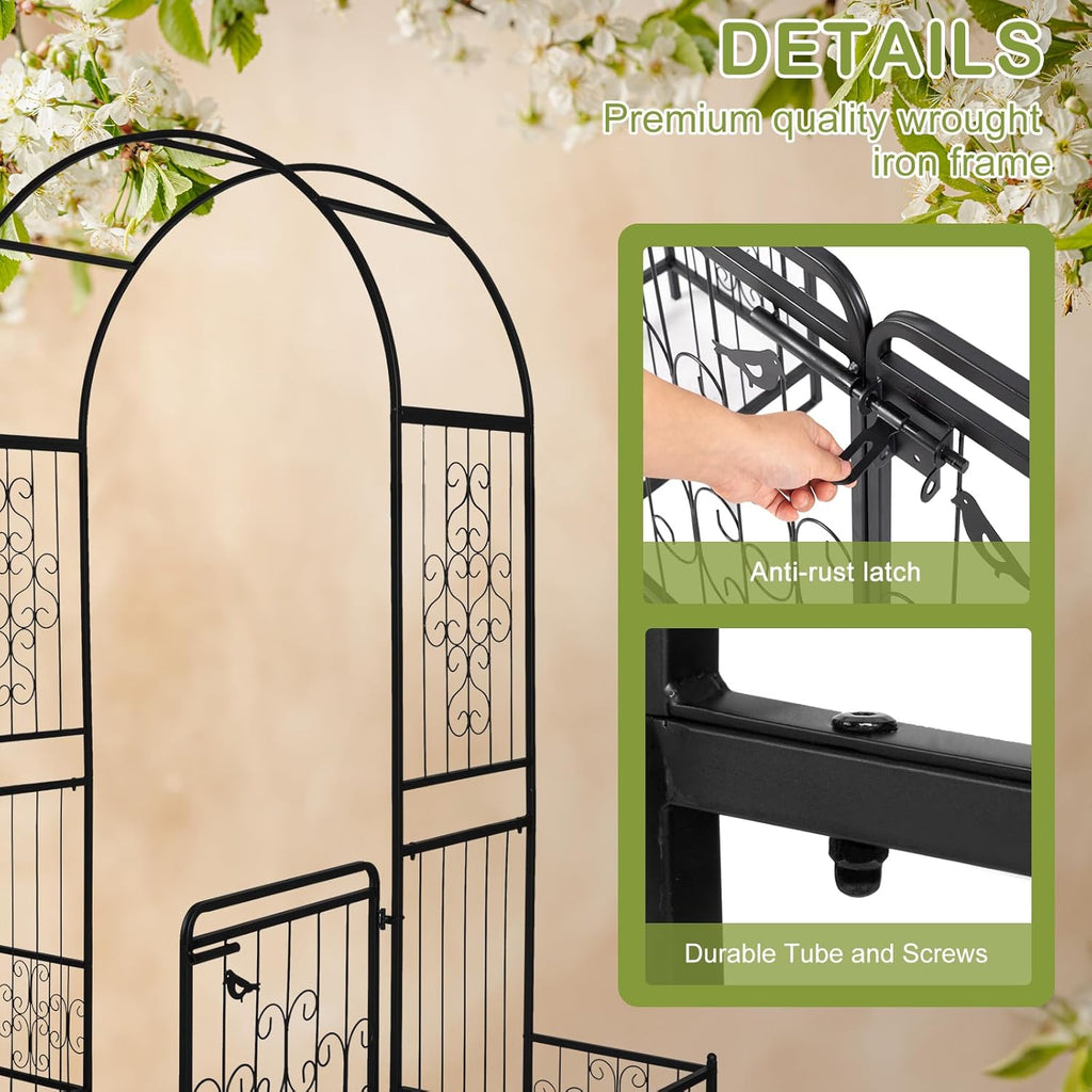 Outvita 7FT Garden Arch Arbor with Entry Door and Plant Frame, Heavy Duty Metal Arbour Archway, Decorative Frame Stand Trellis with Ground Stakes for Wedding Ceremony Party Plant Patio Black