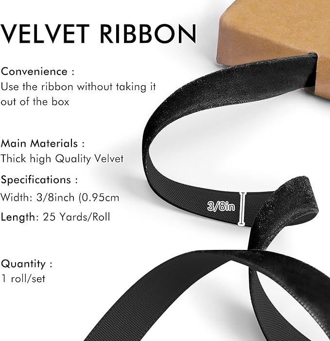 Black Velvet Ribbon 3/8'' 25 Yards for Christmas Tree, Gift Wrapping, Flower Bouquet, Wreath Decorations, Bow Making
