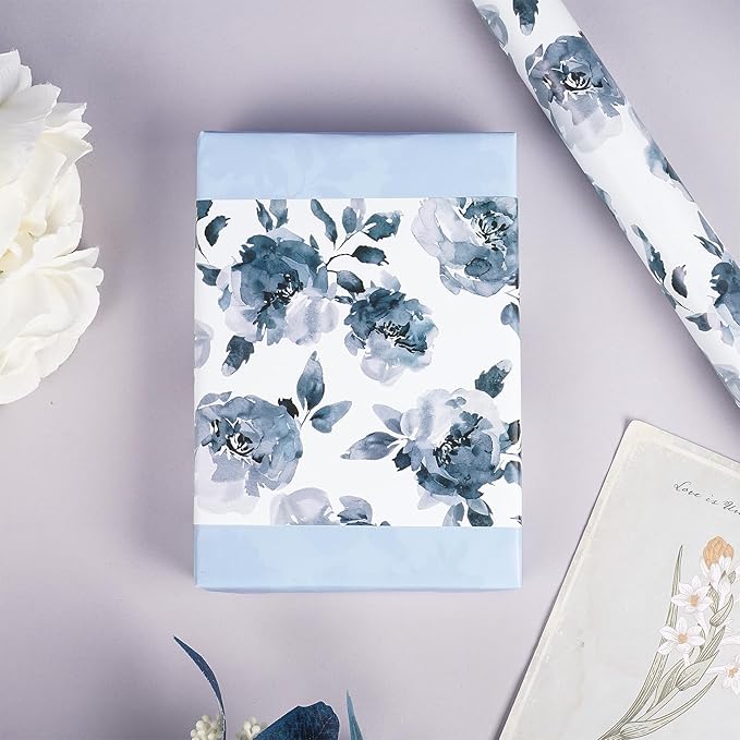RUSPEPA Reversible Floral Wrapping Paper for Girls Women, Mini Roll, Watercolor Blue Floral and Solid Blue Gift Wrap Paper for Birthday, Wedding, Mother's Day, Bridal Shower, 17 Inches x 16.4 Feet