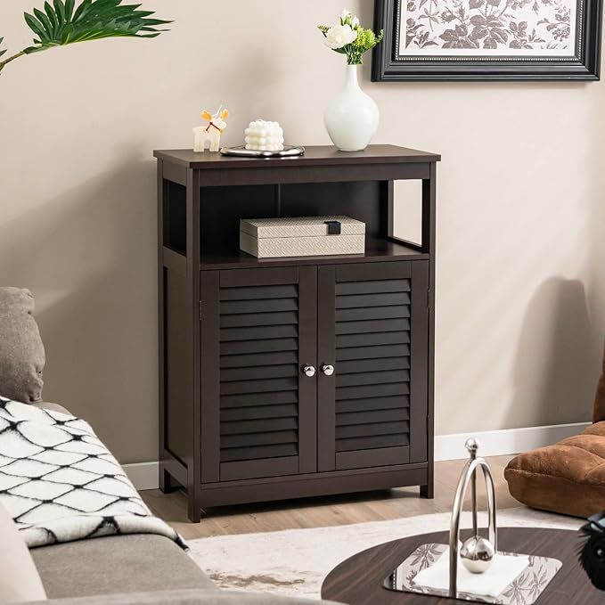 Tangkula Bathroom Floor Cabinet, Wooden Freestanding Storage Cabinet with Double Shutter Door & Adjustable Shelf, Storage Cabinet for Bathroom Living Room (Brown)