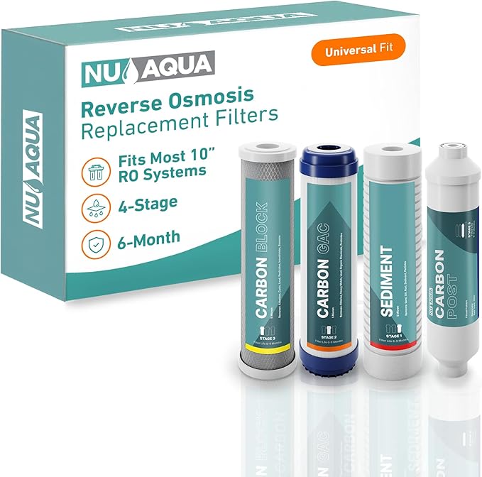 NU Aqua Reverse Osmosis Water Filter System Replacement Set - 4 Stage Under Sink Kit - Includes Sediment, Carbon Filters, Parts & Fittings - Universal Undersink RO Filtration Cartridge Pack