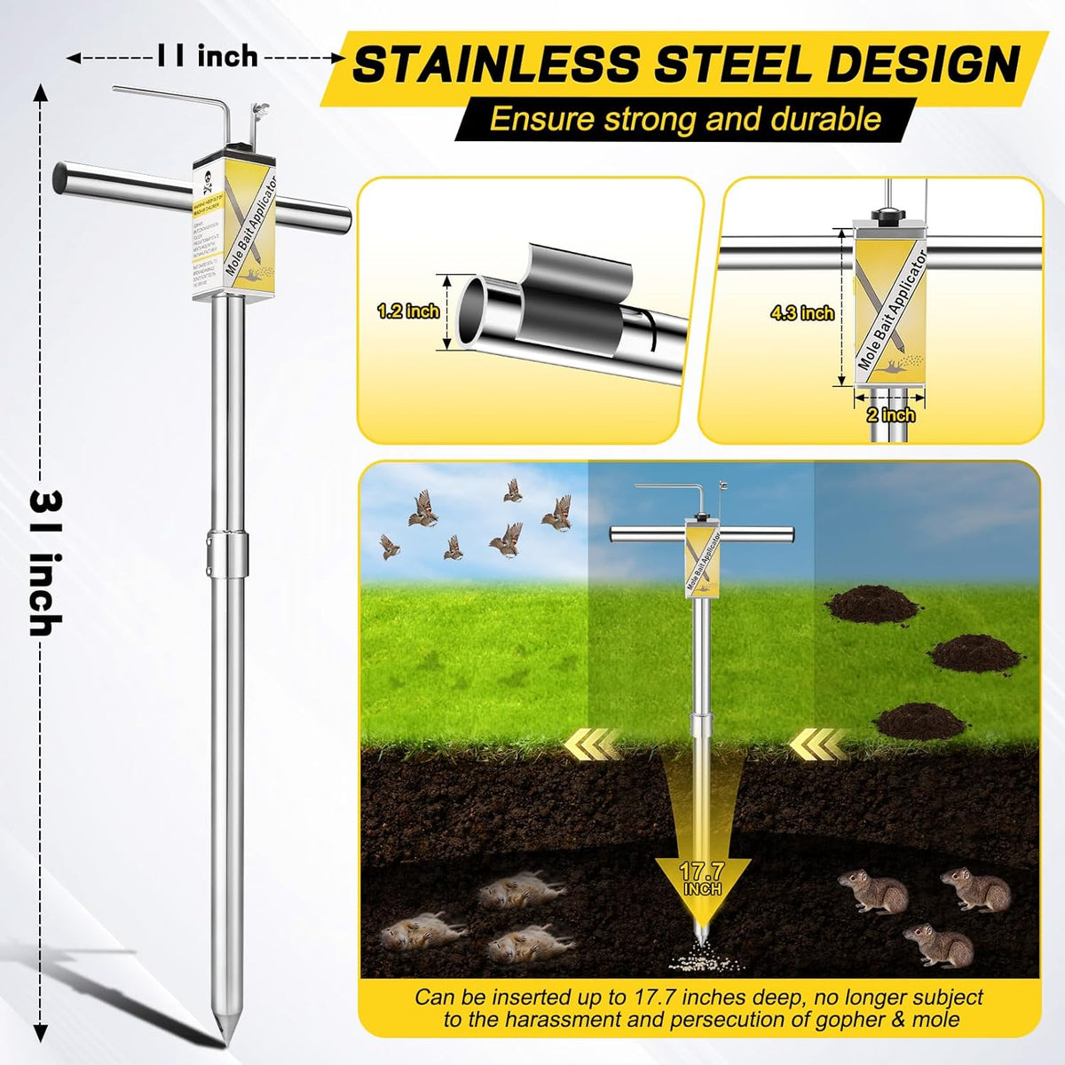 Gopher & Mole Bait Applicator, Stainless Steel Gopher/Mole/Vole Killer, Durable and Removable Gardening Pest Control Tool for Yard, Upgraded Non-Clogging Bait Outlet(Not Include Bait)