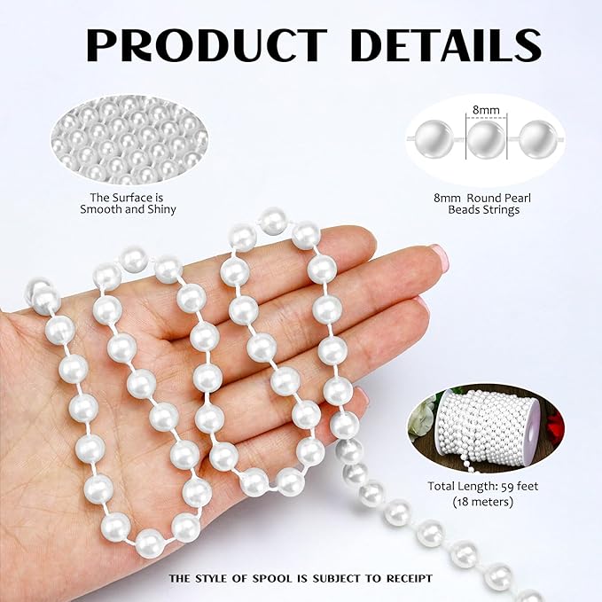 59 Feet 8mm Pearl Strings Garland for Crafts, Artificial Pearl Beaded Trim Chain Roll Strands for Wedding Centerpieces Bouquet Party Decoration Christmas Tree Garland, White