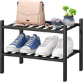 Black Small Shoe Rack for Entryway,2-Tier Bamboo Shoe Organizer for Hallway Closet, Free Standing Shoe Racks for Indoor Outdoor