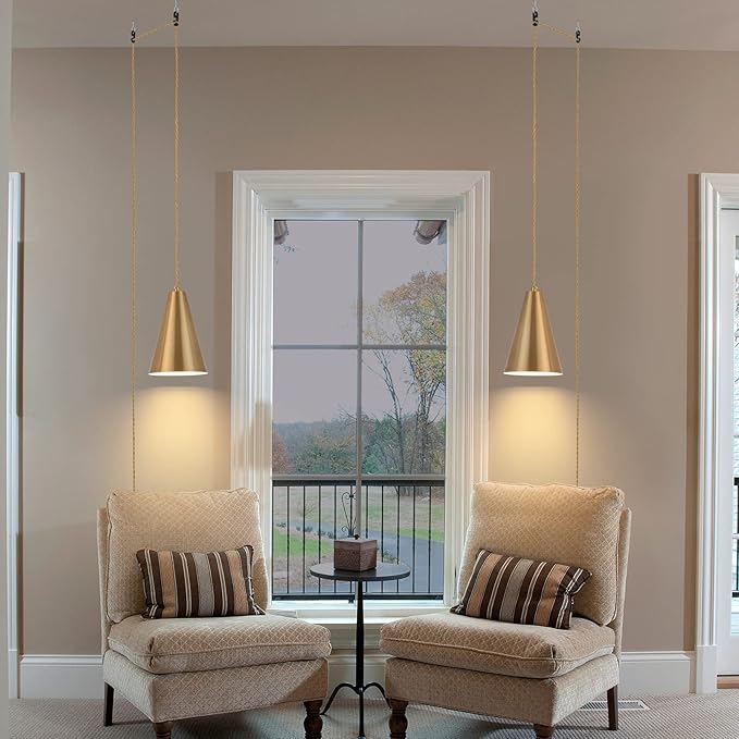 Gold Plug In Pendant Light,Hanging Lights With Plug In Cord On/Off Switch, Mini Brass Pendant Lights for Kitchen Island,Modern Chandeliers Light Fixture with Metal Shade,Hanging Lamps for Bedroom
