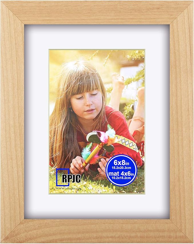 RPJC 6x8 inch Picture Frame Made of Solid Wood and High Definition Glass Display Pictures 4x6 with Mat or 6x8 Without Mat for Wall Mounting Photo Frame Natural
