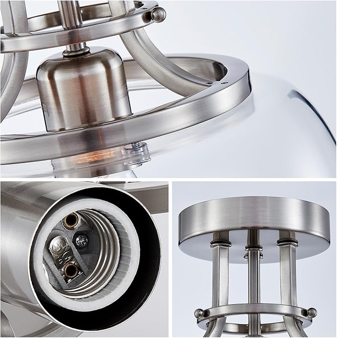 WUZUPS Chandelier Rustic Farmhouse Industrial Round Semi-flushmount Ceiling LED Light Fixture with Clear Glass Shades for Bathroom Kitchen Foyer Entryway, H 10" x W 10", E26 Base, Brushed Nickel