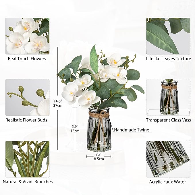 White Orchids Artificial Flowers with Vase Fake Flower in Vase Artificial Eucalyptus Stems in Glass Vases with Faux Water Faux Orchid with Eucalyptus Leaves Arrangement for Dining Table Centerpiece