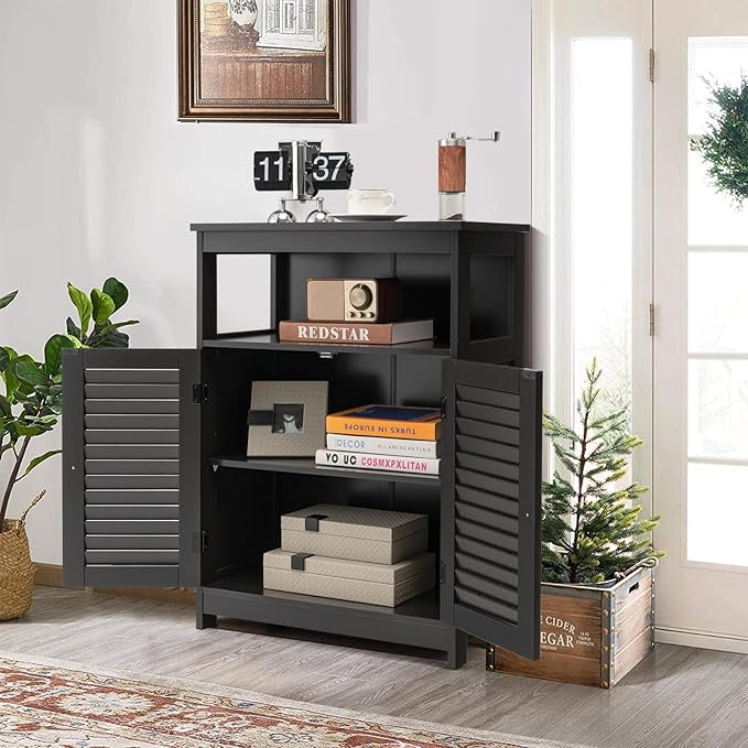 Tangkula Bathroom Floor Cabinet, Wooden Freestanding Storage Cabinet with Double Shutter Door & Adjustable Shelf, Storage Cabinet for Bathroom Living Room (Black)