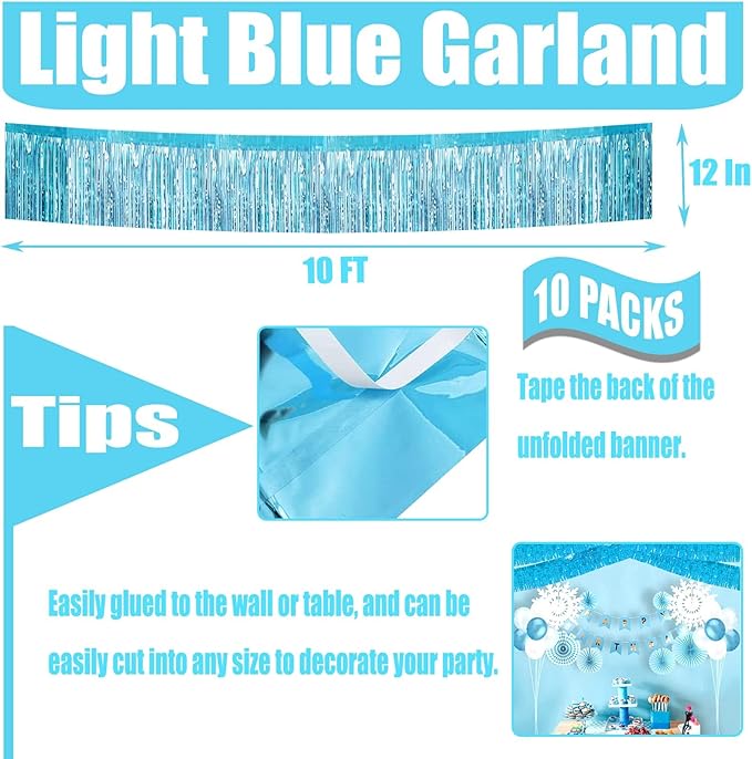 10 Pack 10 Feet Foil Fringe Garland Metallic Tinsel Streamers Banner Wall Hanging Curtain Backdrop for Parade Floats, Bachelorette, Wedding, Birthday, Halloween, Christma Party Decoration(Light Blue)