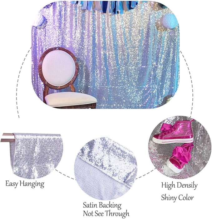 SquarePie Sequin Backdrop Opaque Non-Transparent Background Sparkly Curtain for Wedding Party 8FT x 8FT Silver