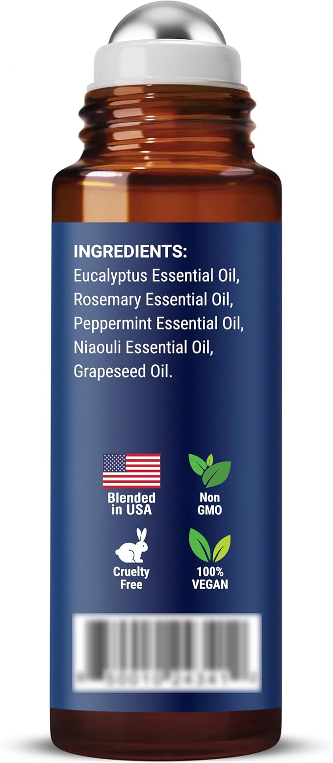 Breathe Essential Oil Roll-On Blend 10 ml - Pure Eucalyptus, Peppermint & Rosemary Oils Roller for Clear Breathing & Respiratory Support - Nexon Botanics