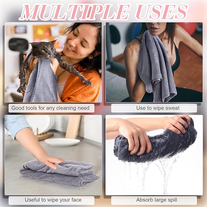 Newwiee 24 Pcs Coral Velvet Microfiber Bath Towels Sets 28 x 55 Inch Large Absorbent Multipurpose Quick Drying Soft Body Towels for Shower Bathroom Beach Fitness Yoga Sports Spa(Grey)