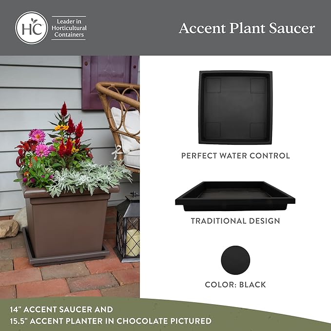 The HC Companies 14 Inch Accent Square Plant Saucer, Lightweight UV-Resistant Plastic Outdoor & Indoor Flower Pot Tray, 2-Pack Plant Pot Trays for Garden & Home Decor, Black