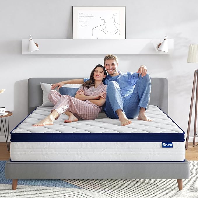 Avenco King Size Mattress, 12 Inch King Mattresses in a Box, Hybrid Spring Mattresses with Comfort Foam and Pocket Coils for Pressure Relief & Motion Isolation