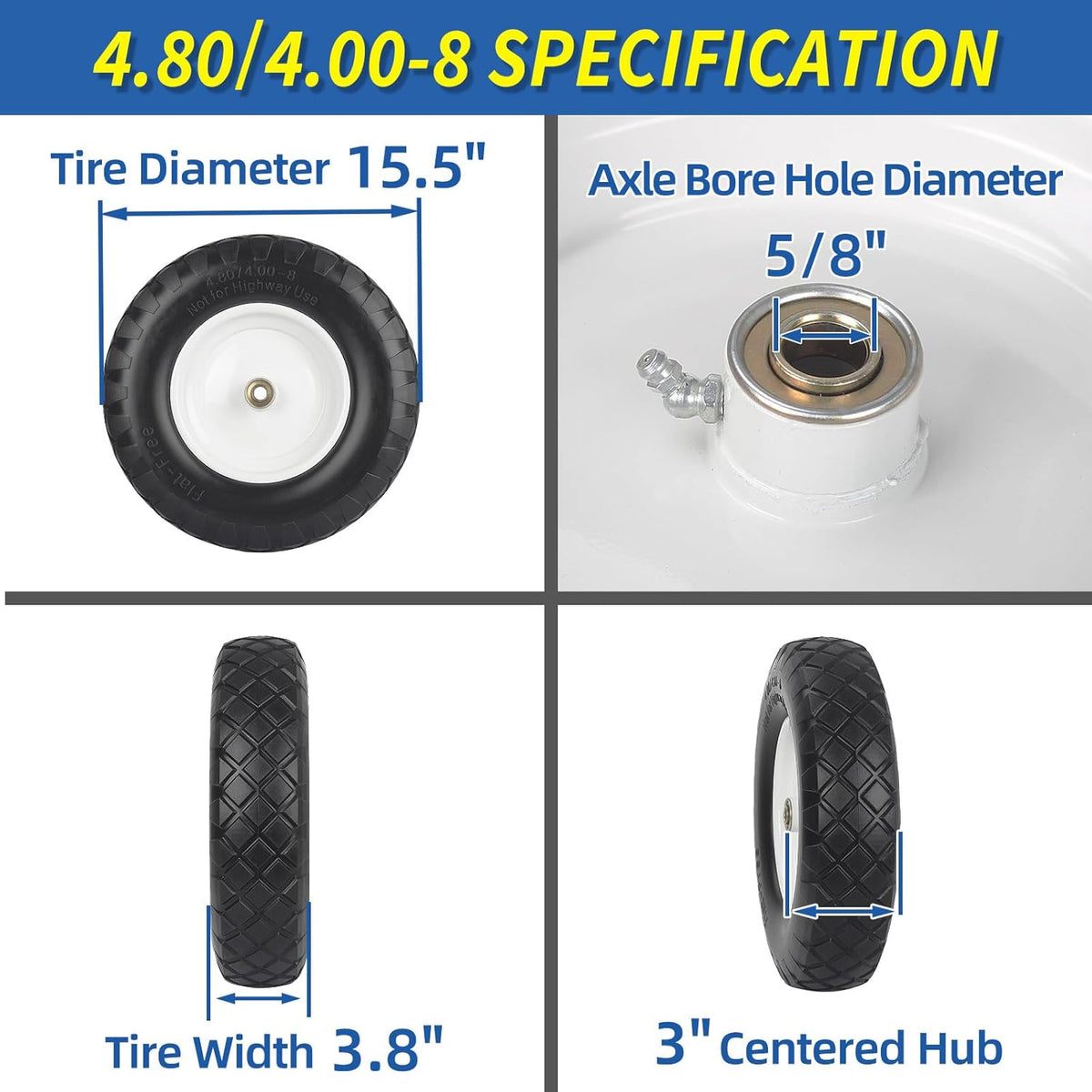 4.80/4.00-8" Wheelbarrow Tire, 16" Flat-Free Solid Tire and Wheel, 3-6" Centered Hub, 5/8" & 3/4" Bearing, For Broadcast Spreader Garden Wagon Cart Trolley Dolly (1 Pack)