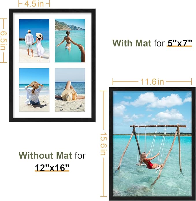 Vittanly 12x16 Collage Picture Frame, Displays 4Pcs 5x7 Pictures with Mat, Picture Frames Collage Wall Decor for Horizontal or Vertical Display, Black, 1 Pack