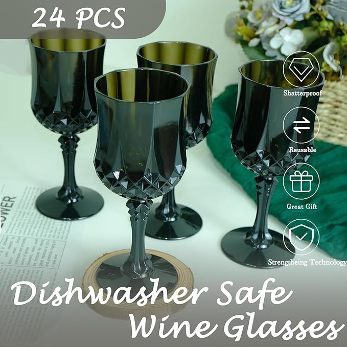 Plastic Wine Glasses，Plastic Goblets Vintage Style Cordial Drinking Glasses for Wedding Reception, Grand Event Party Supplies (24, Black)