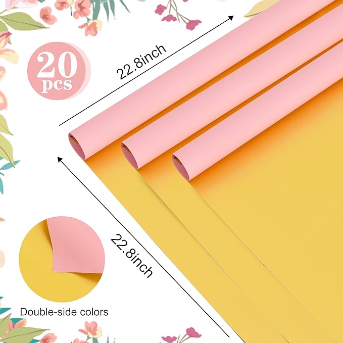 BEISHIDA 20Pcs Pink and Gold Double Sided Floral Wrapping Paper Matte Waterproof Flower Bouquet Wrapping Paper for Floral Wrap Florist Packing Supplies Birthday Valentine's Christmas Gift Wrapping