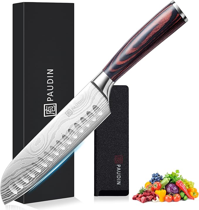 PAUDIN Santoku Knife, 7 Inch Kitchen Knife, Ultra Sharp Edge - Forged High Carbon German Stainless Steel, Professional Chef Knife with Ergonomic Handle, Gifts for Men and Women