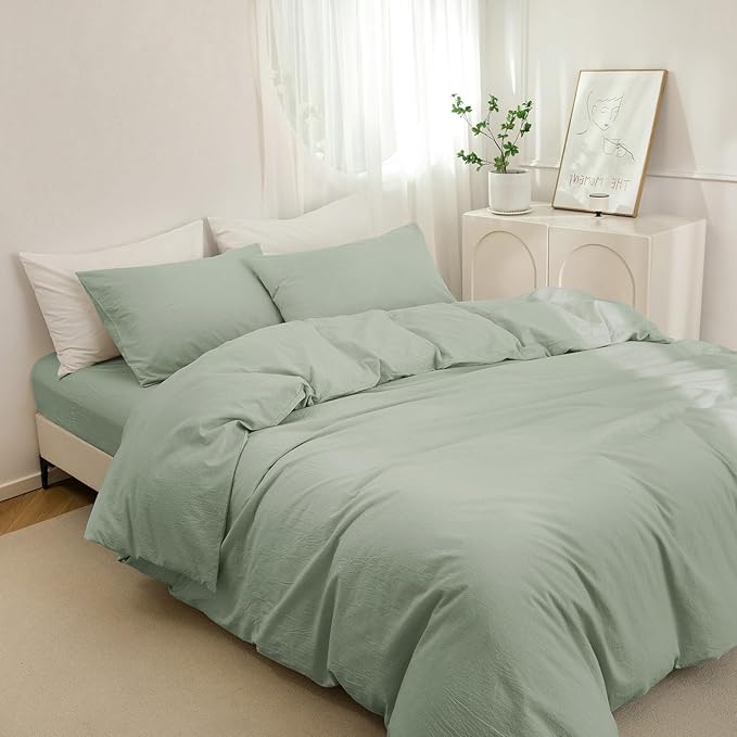 JIYUAN 100% Washed Cotton Duvet Cover Set 3 Pieces Full, 1 Duvet Cover 80x90 Inches(Comforter Not Included) and 2 Pillowcases,Linen Feel Bedding Set Comfy and Breathable, Heathered Sage Green